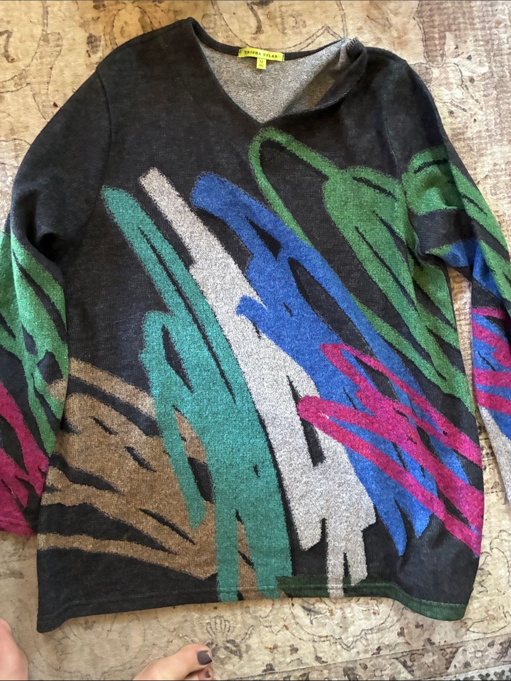 Trisha Tyler Lightweight Abstract V-Neck Sweater — Dark Gray with Bright Accents